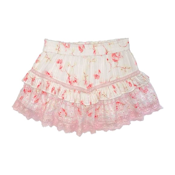 LoveShackFancy Dresses & Skirts - LOVESHACKFANCY white pink rose floral print ruffle eyelet lace mini skirt